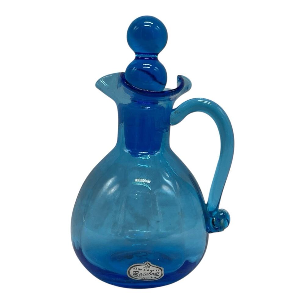 VTG RAINBOW Art Glass Bright Blue Pitcher Vase Decanter Oil Cruet Stopper 5in‎